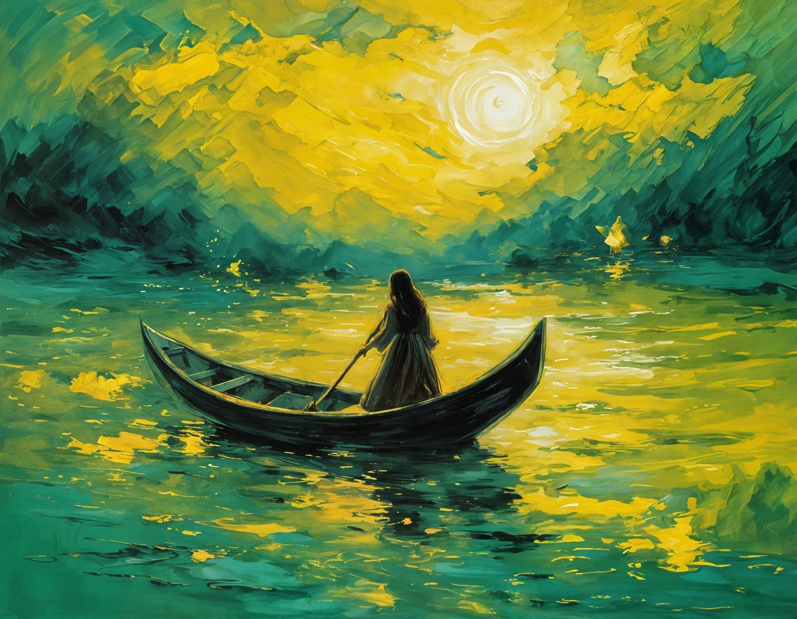 Ethereal Woman in a Mystical Boat Under Golden Light