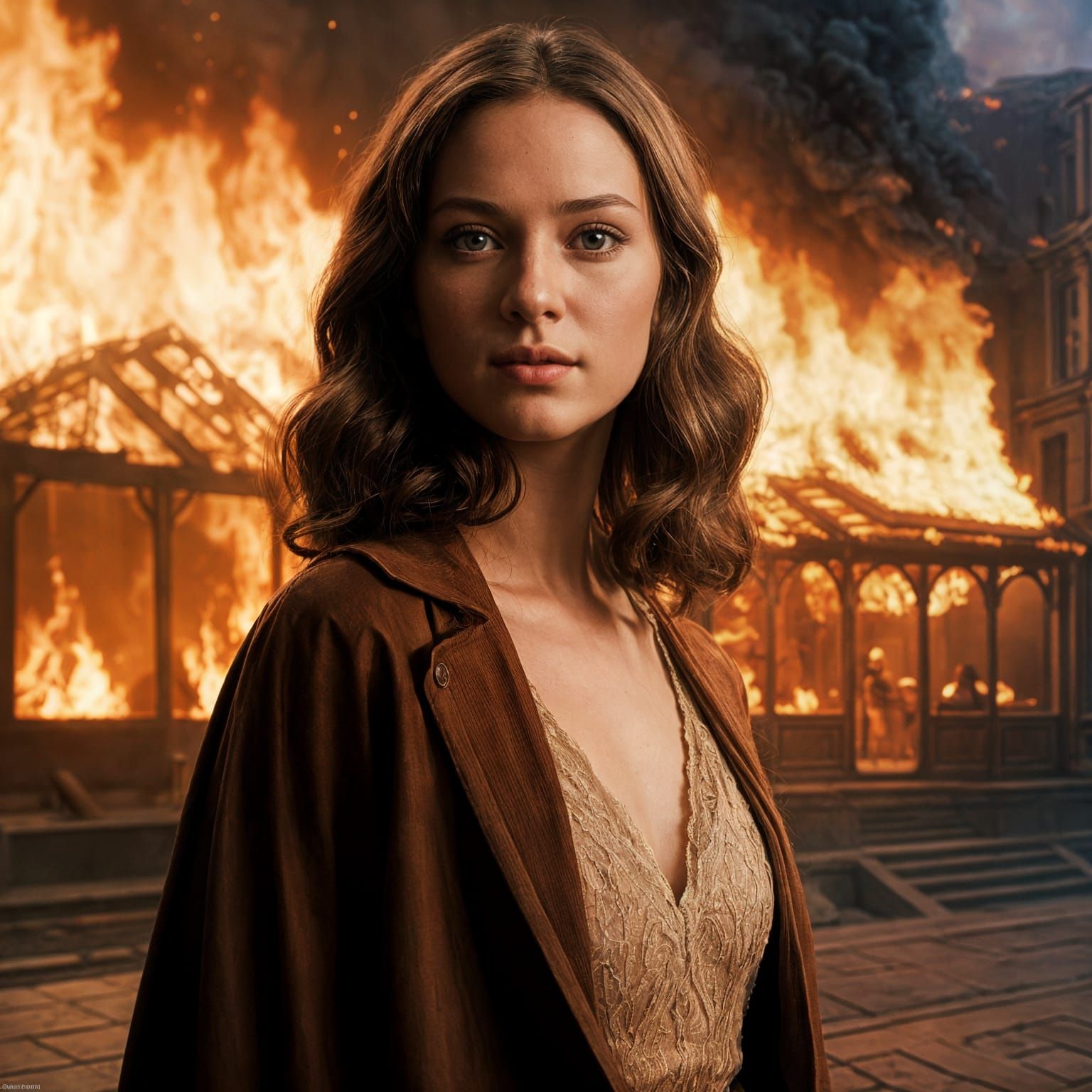 Demure Girl in Flames: A Cinematic Painting