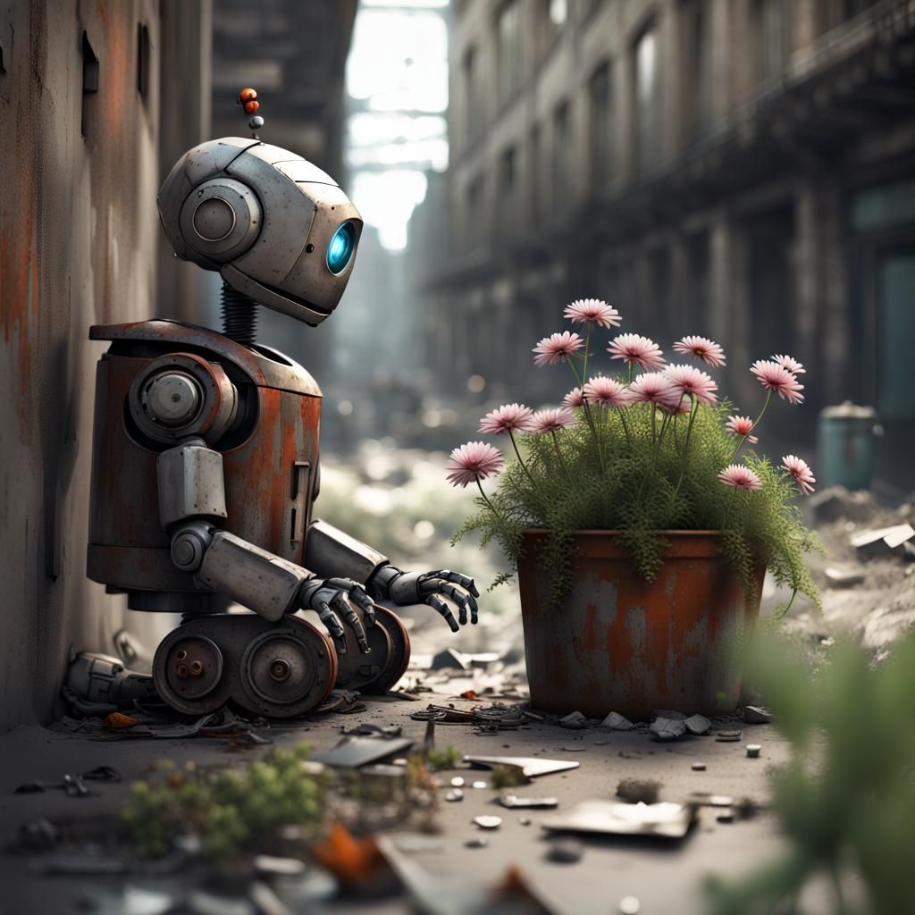 Portrait, A small robot in an abandoned city. guarding the only flower in a pot