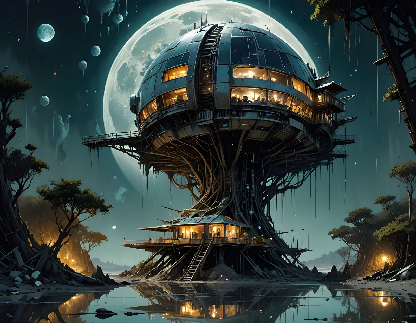 Solarpunk Moon Treehouse in Futuristic Space Realm