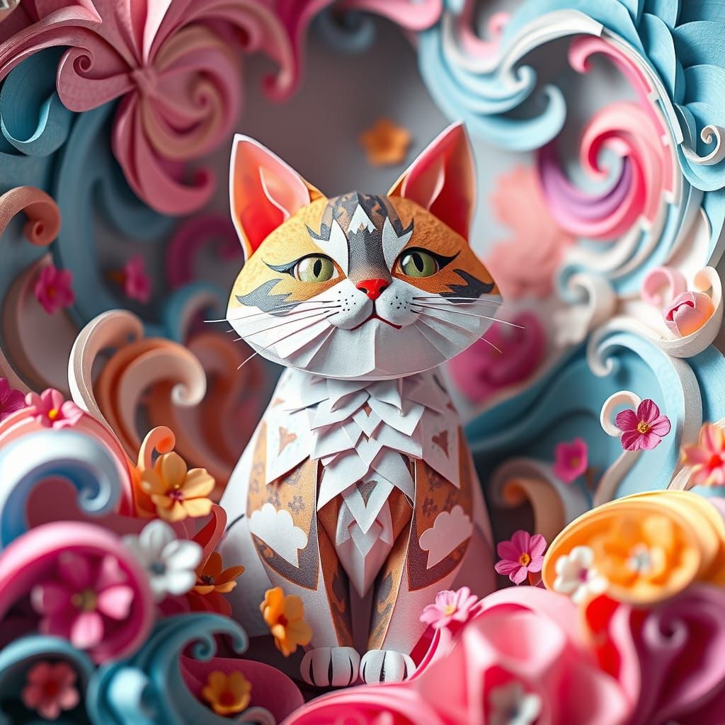 Origami Cat in Dreamscape, Digital Art