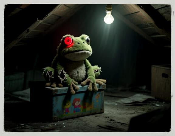 Sinister Plush Frog in Haunted Attic