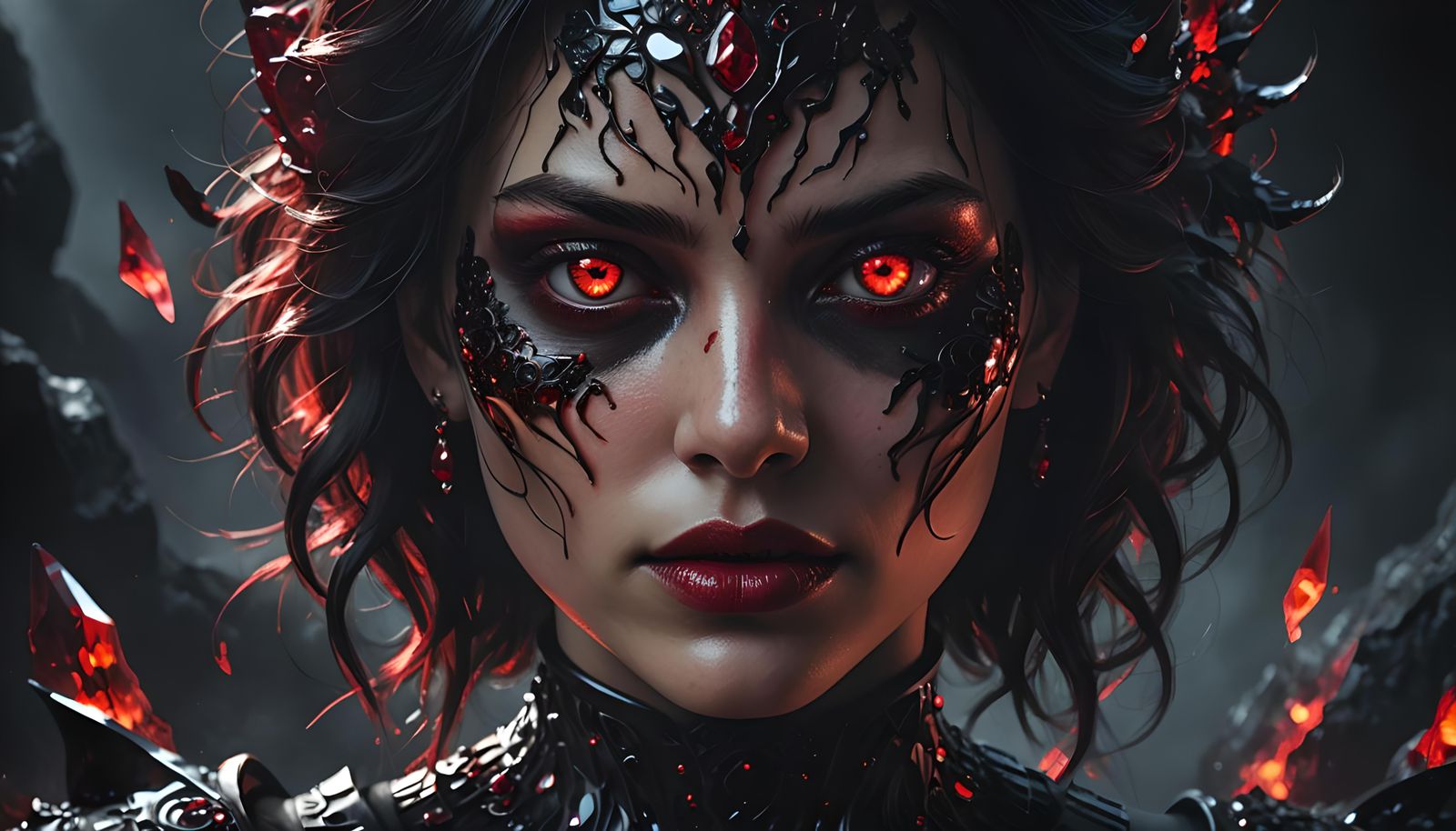 Obsidian and Ruby Woman: Hyperrealistic Dark Beauty