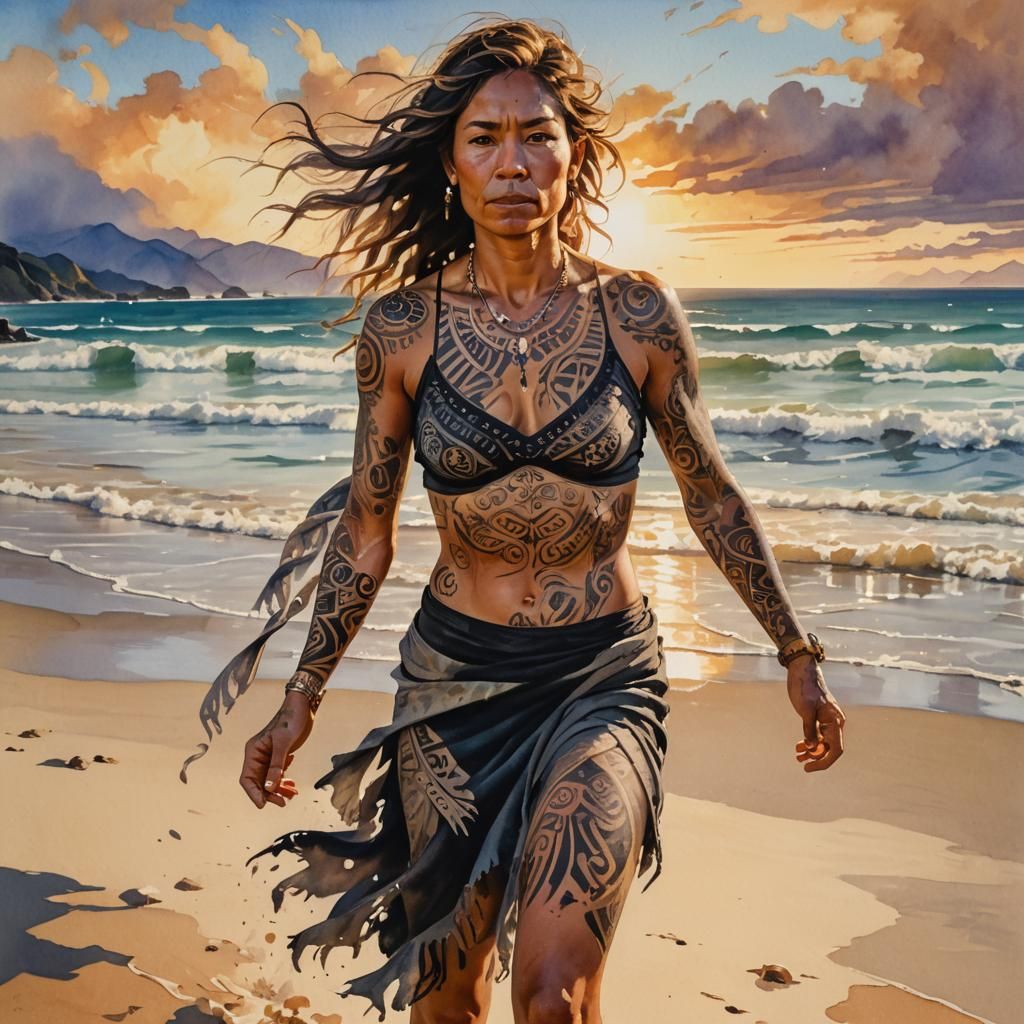 Woman with Tribal Tattoos on Windswept Beach