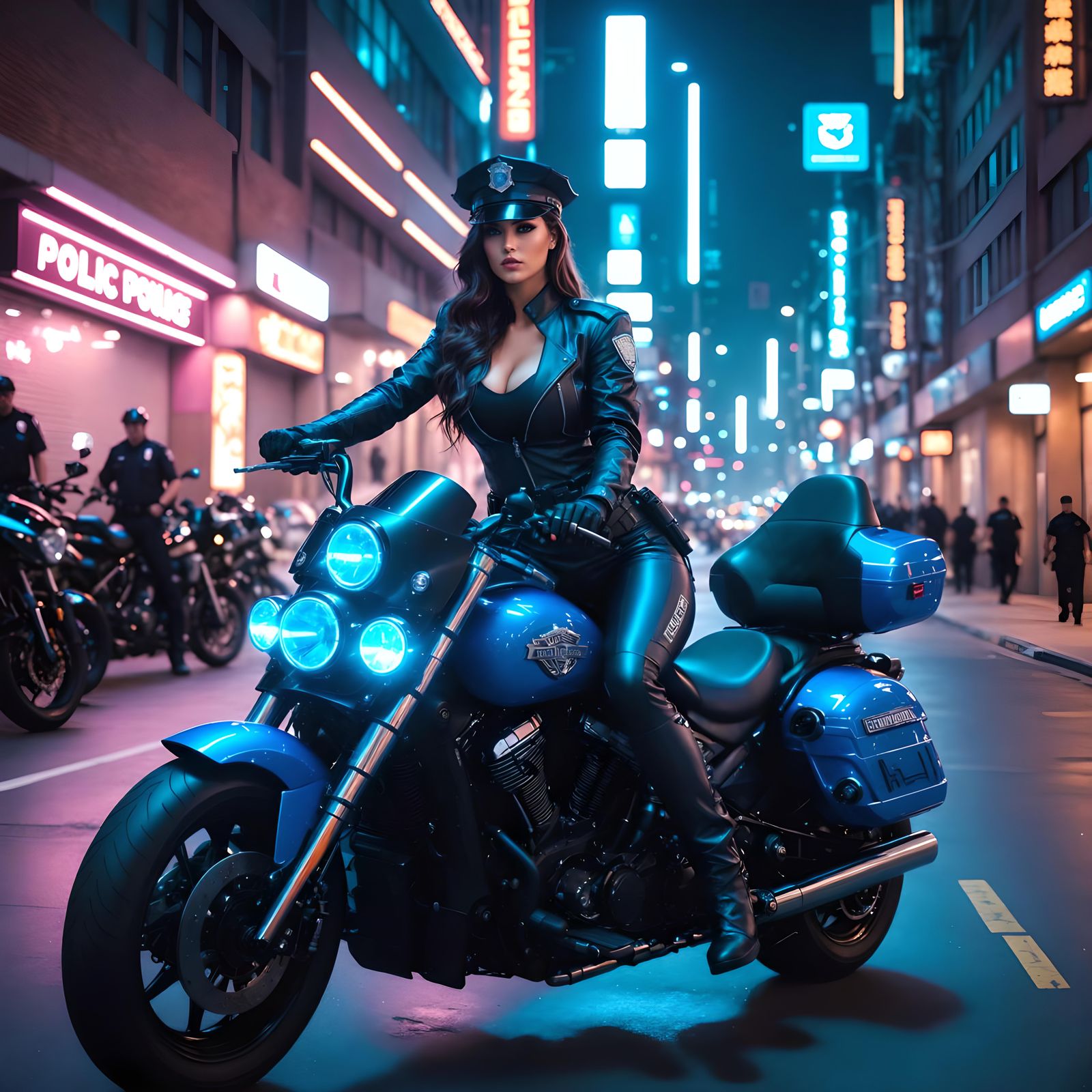 <lora:Murraypunk v2:1.0>  A visibly giagantic big  photo A curvy beautiful  long haired, pretty face, policewoman with a...