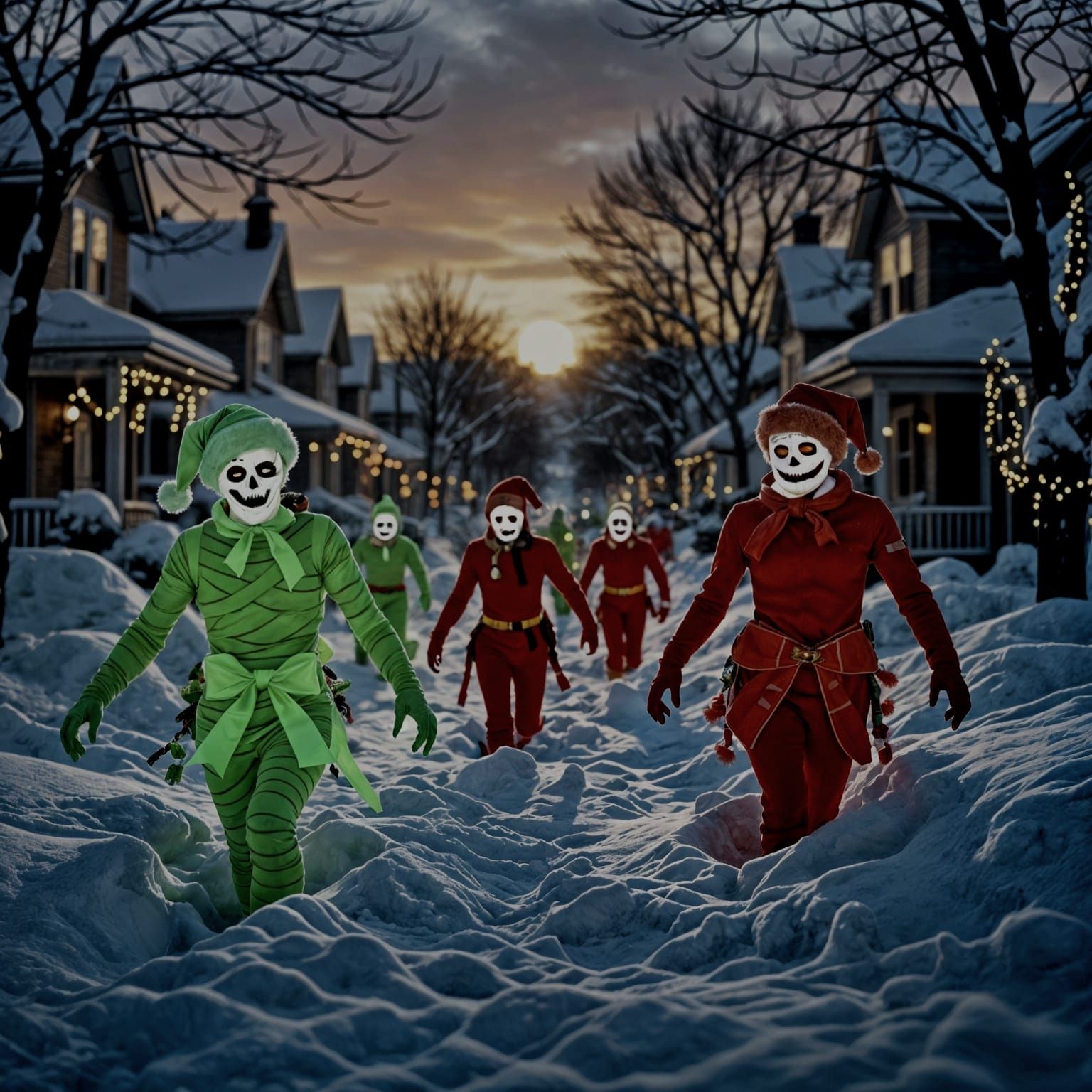 Festive Mummies Stumble Through Snowy Christmas Neighborhood