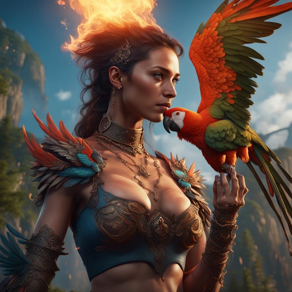 Fantastical Woman Burns Parrot: Detailed Matte Painting