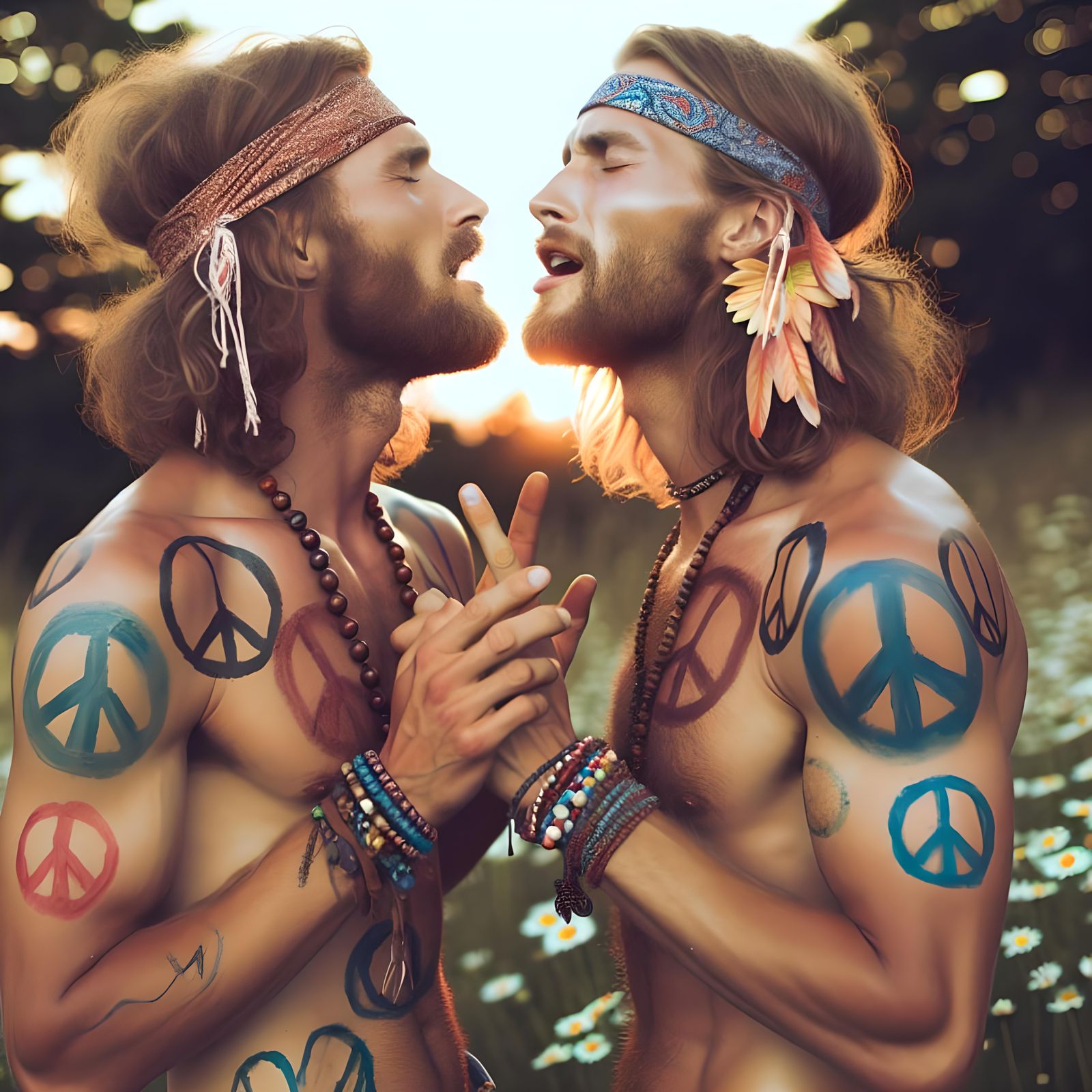 Hippie Love: A Sunset Embrace of Peace and Freedom