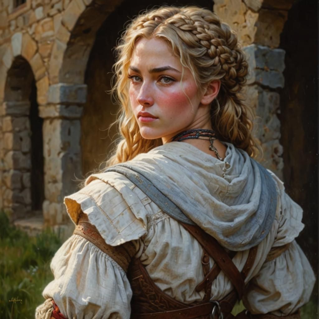 peasant girl, braided blond hair