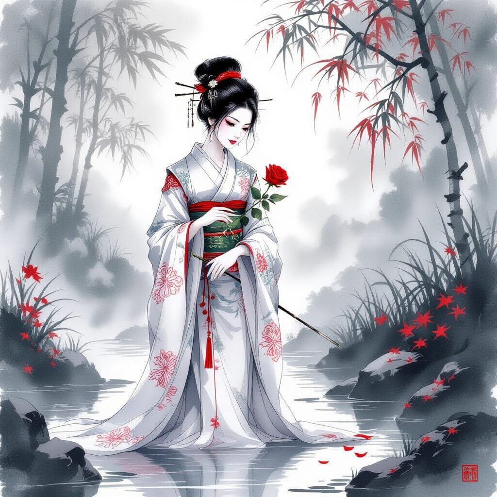 Beautiful Assassin with Rose in Japanese Ink Style