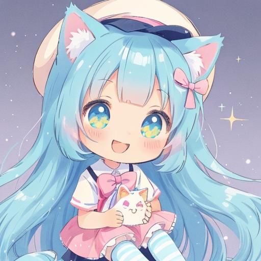 Kawaii Anime Girl with Cat Hat in Pastel Colors