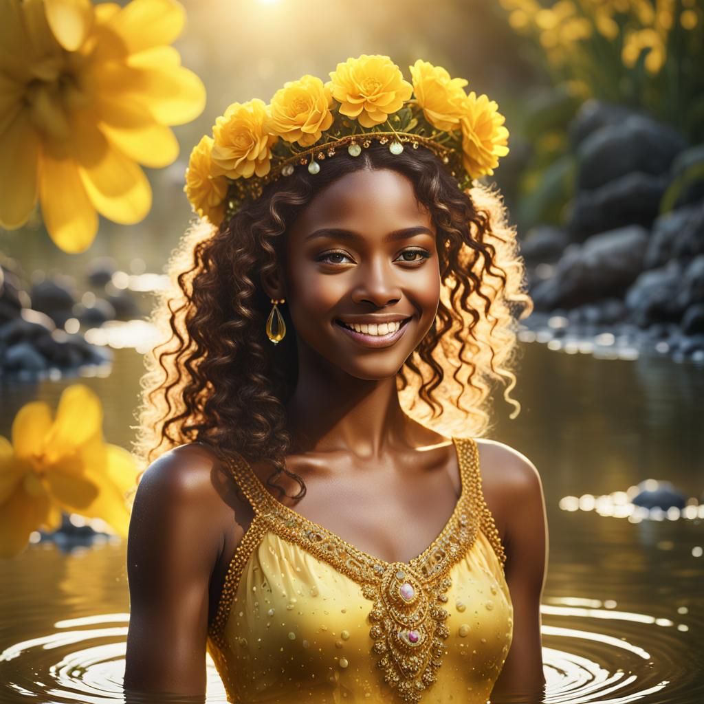 Radiant Portrait of Woman in River with Yellow Flowers