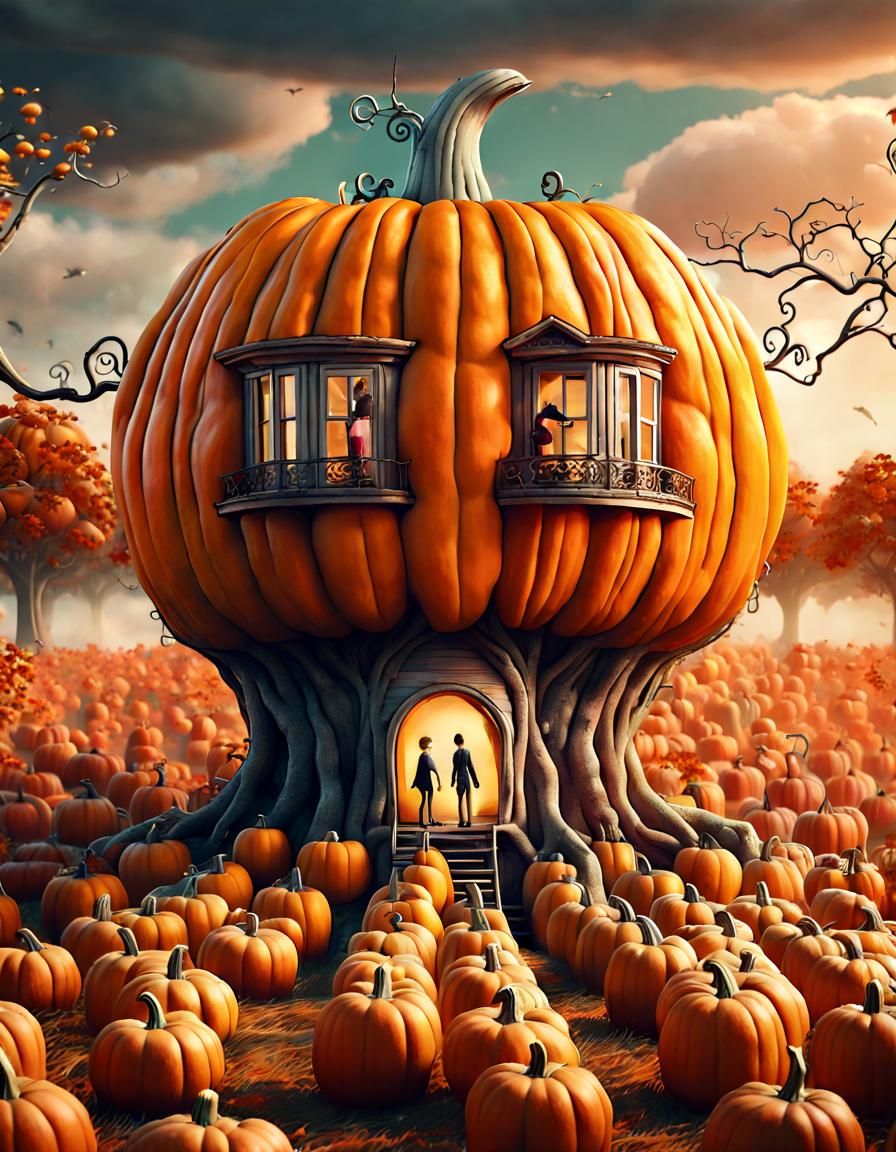 Surreal Pumpkin Treehouse in Pumpkin Field, 8K