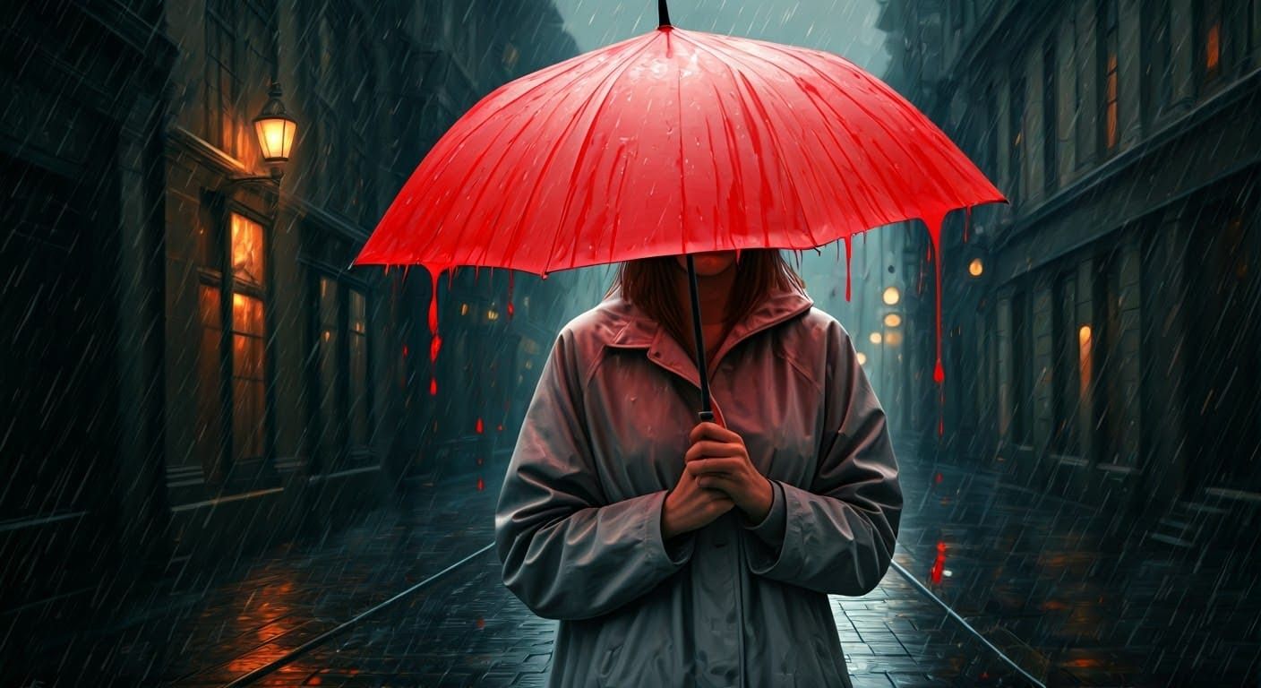 Woman with Red Umbrella in Heavy Rain