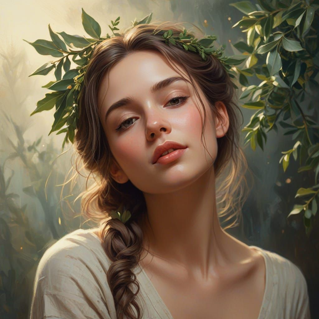 Young Woman Ethereal Glow Oil Painting with Mistletoe