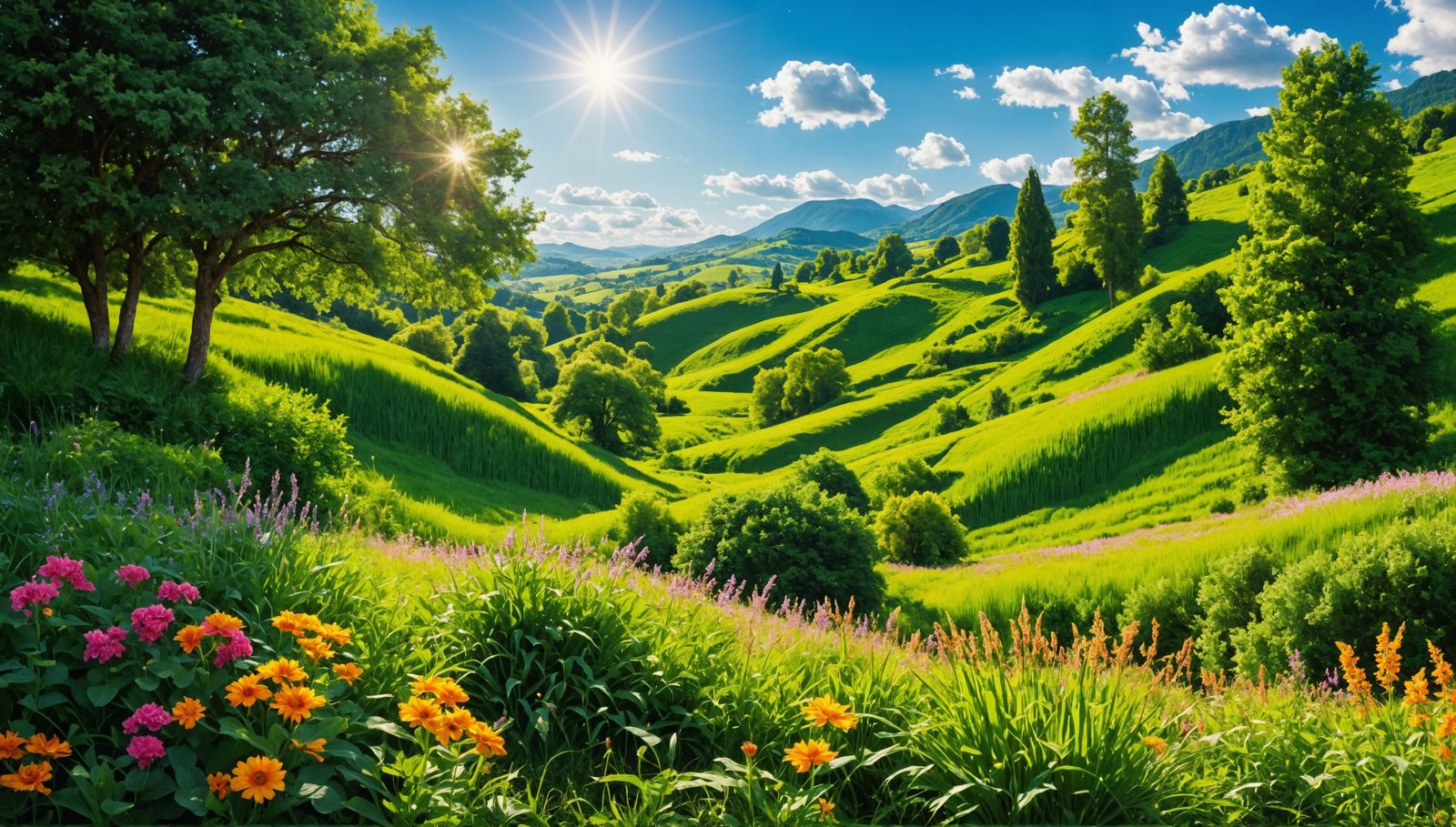 Lush Green Landscape Bathed in Sunlight