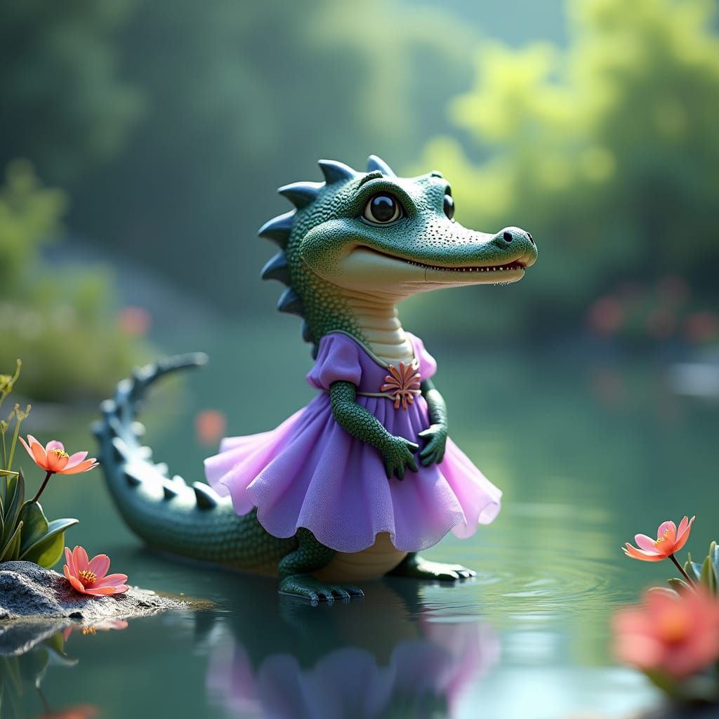 Crocodile in Purple Dress: Anime-Inspired 3D Art