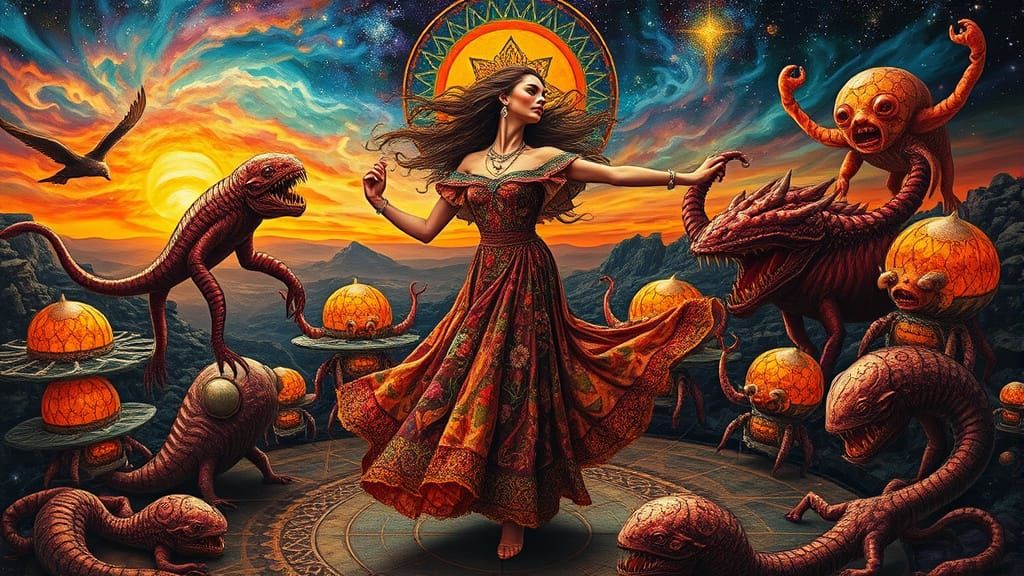 Surreal Woman Dancing in a Psychedelic Galaxy