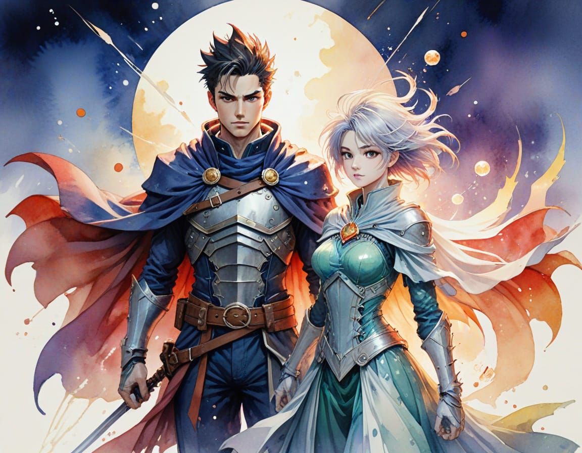 Retro Anime Duo in Watercolor and Line Wash Style