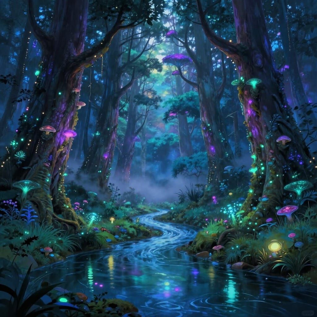 Bioluminescent Forest Twilight with Glowing Fungi and Fairy ...