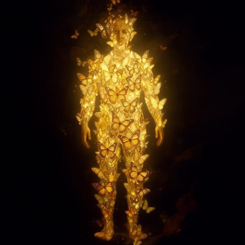 Human Silhouette Transforms Into Golden Butterflies in Dark ...