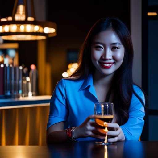 Smiling Asian Woman in Blue Shirt with Beer