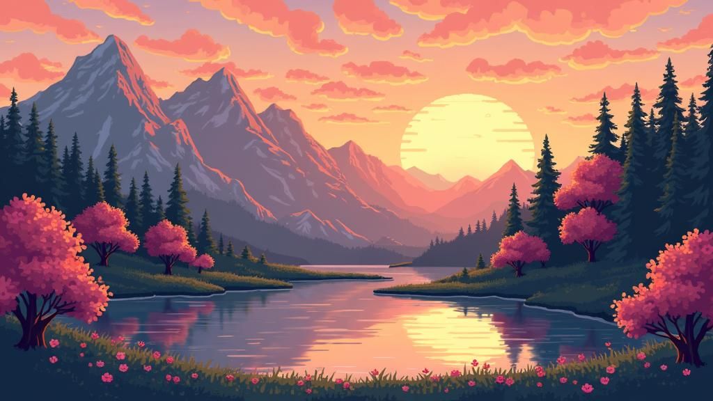 Sunset Landscape in 8-bit Pixel Art Style
