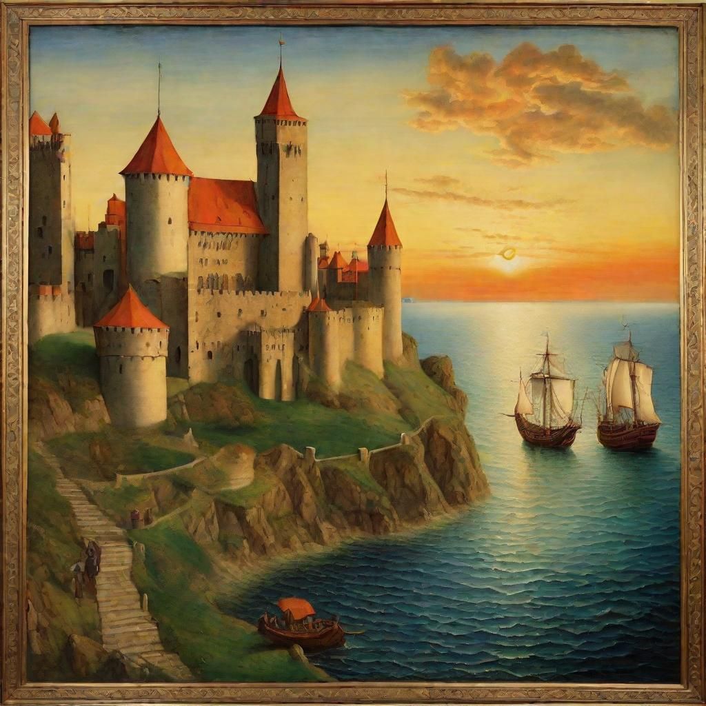 Fortress at Sunset: A Medieval Renaissance Painting