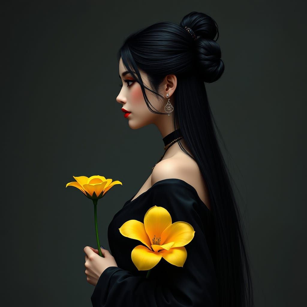 Elegant Fantasy Woman in Black Dress Holding Yellow Flower