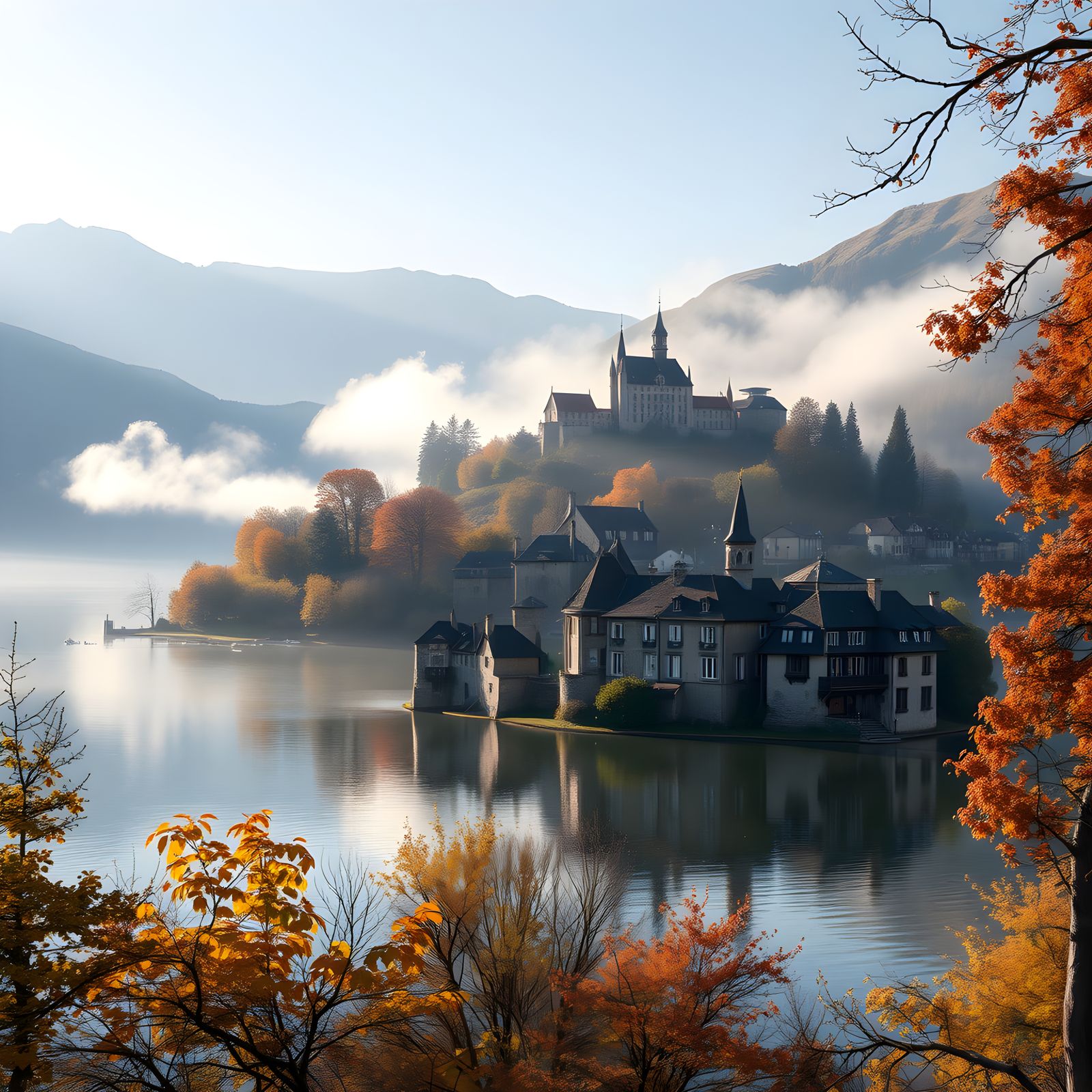 Autumnal French Village on Annecy Lake