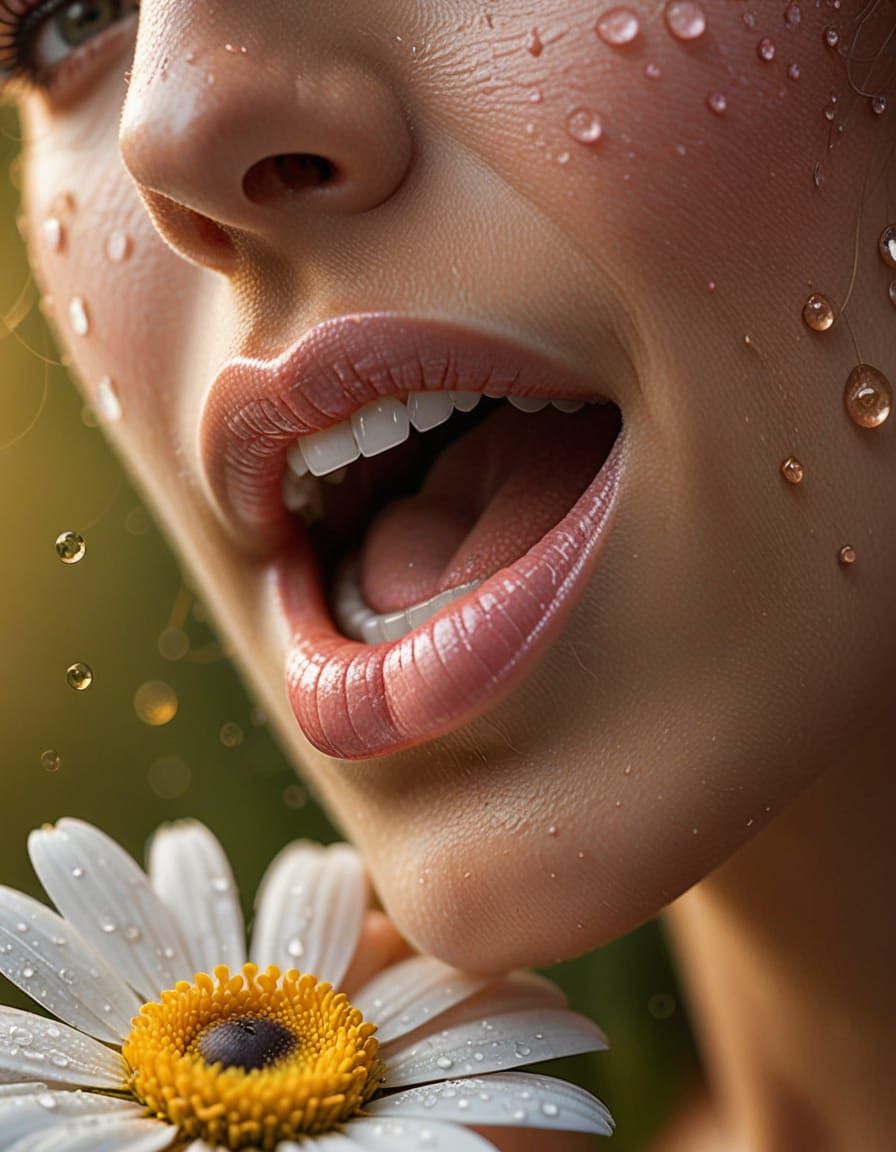 Intimate Macro Portrait of Lips and Daisy