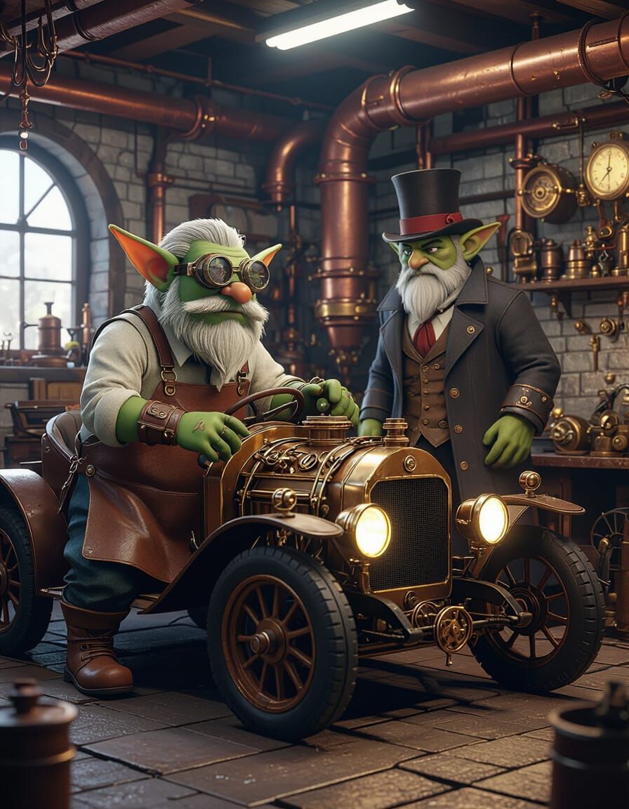 Steampunk Garage Scene with Goblin Mechanic