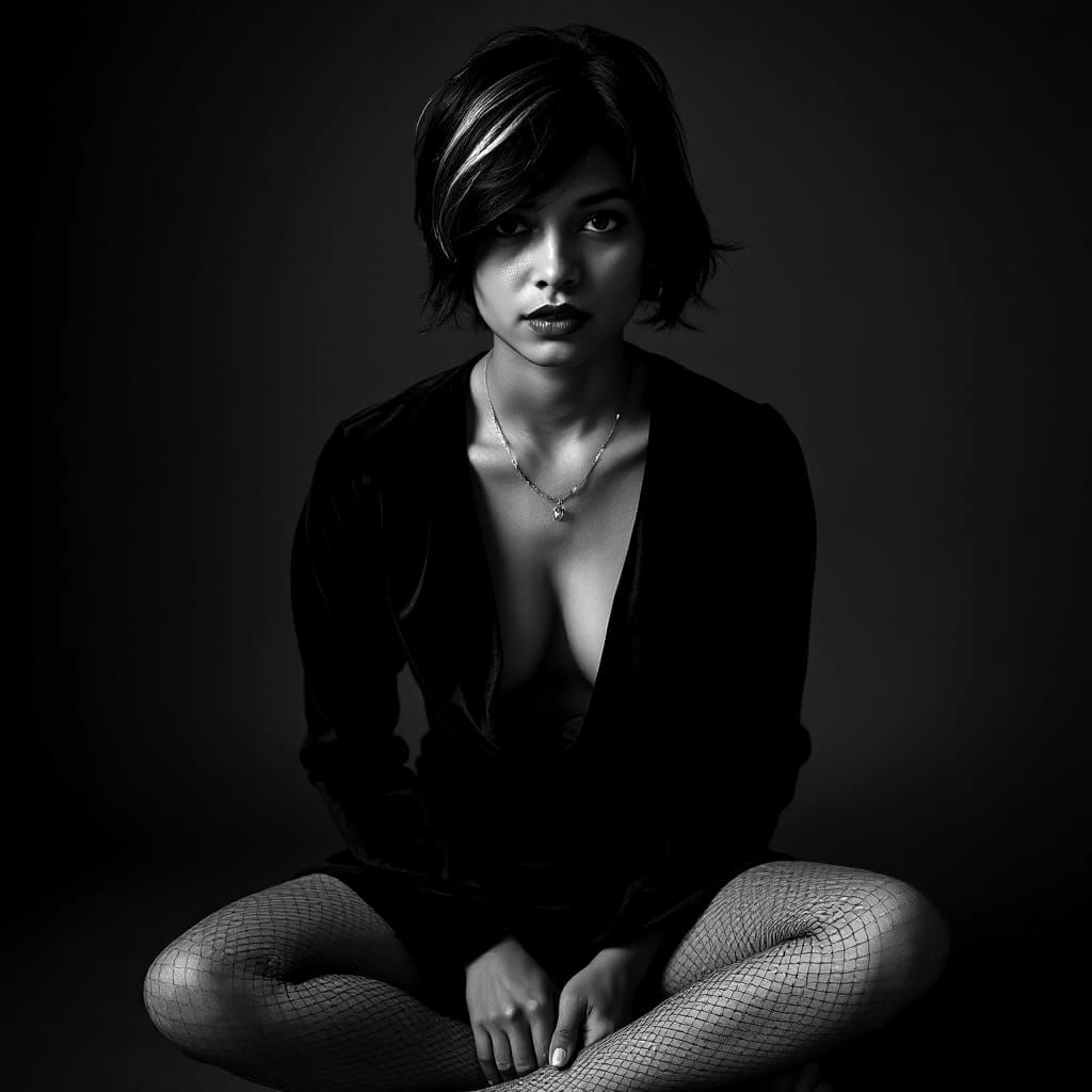 Noir Portrait of Confident Woman in Chiaroscuro Lighting