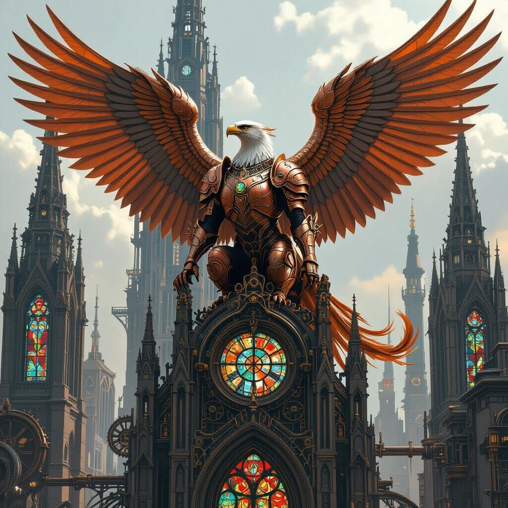 Armored Griffin Perched on Steampunk Cathedral