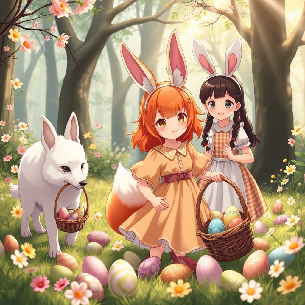 Anime Easter Bunny Fox Girl in Enchanted Forest
