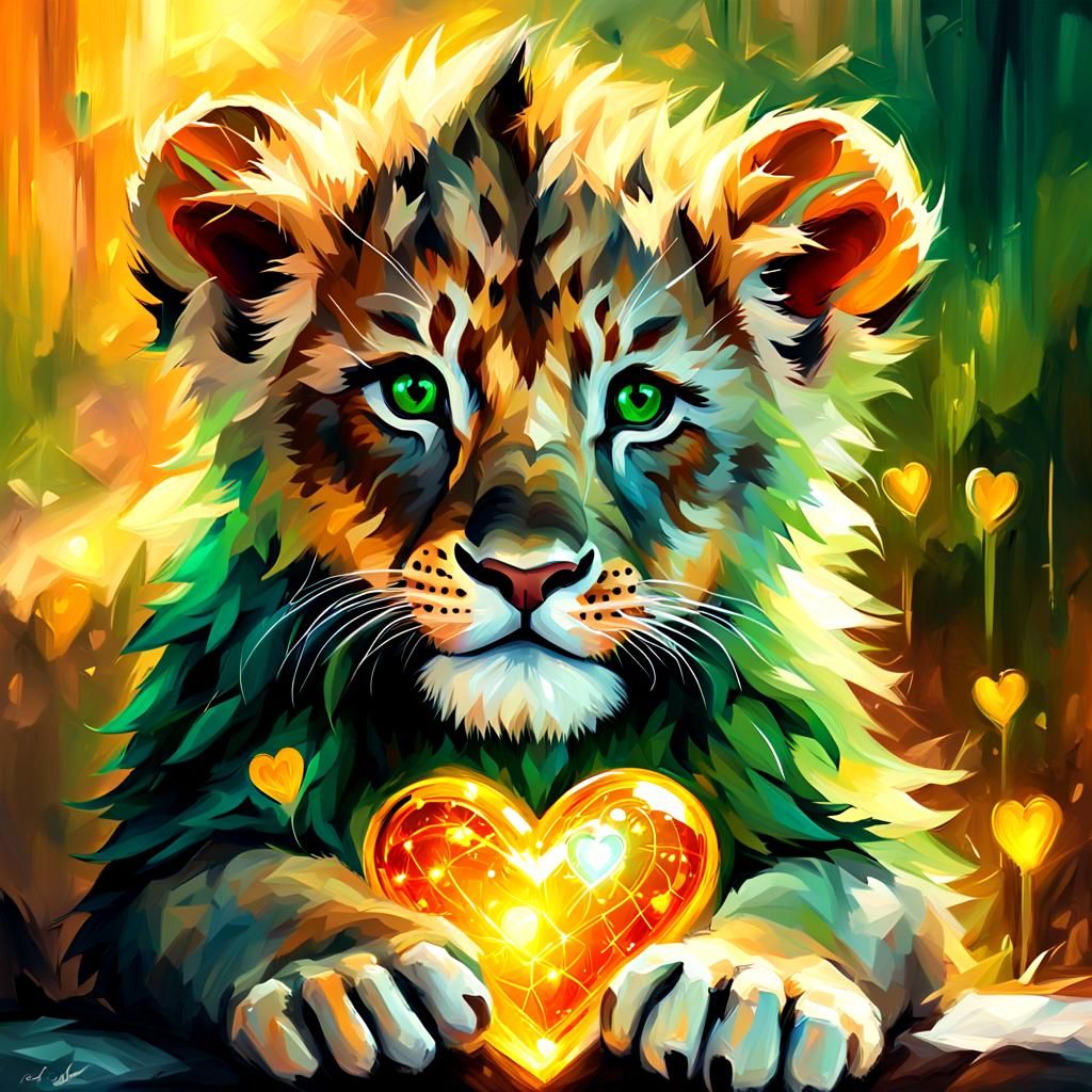 Lion Cub Holding Heart as Oil Painting