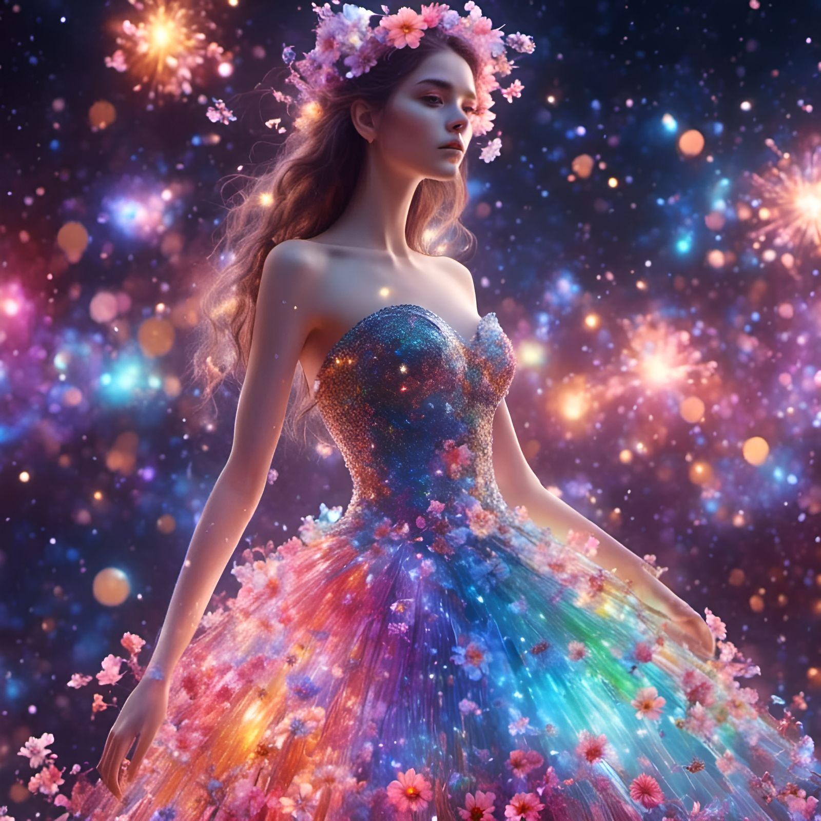 Woman in Rainbow Gemstone Outfit with Galaxy Flowers
