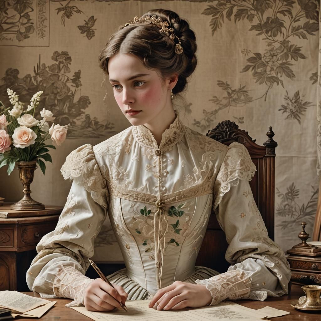 Victorian Maiden Writes Letter in Golden Light