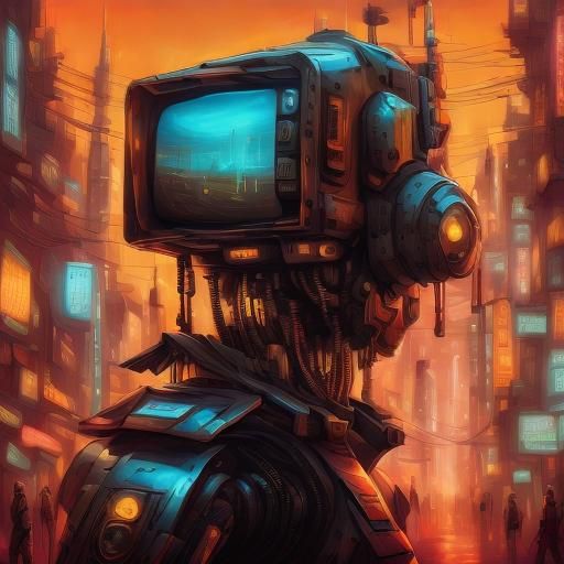Cyberpunk Robot Skull in Retro Sci-Fi Illustration