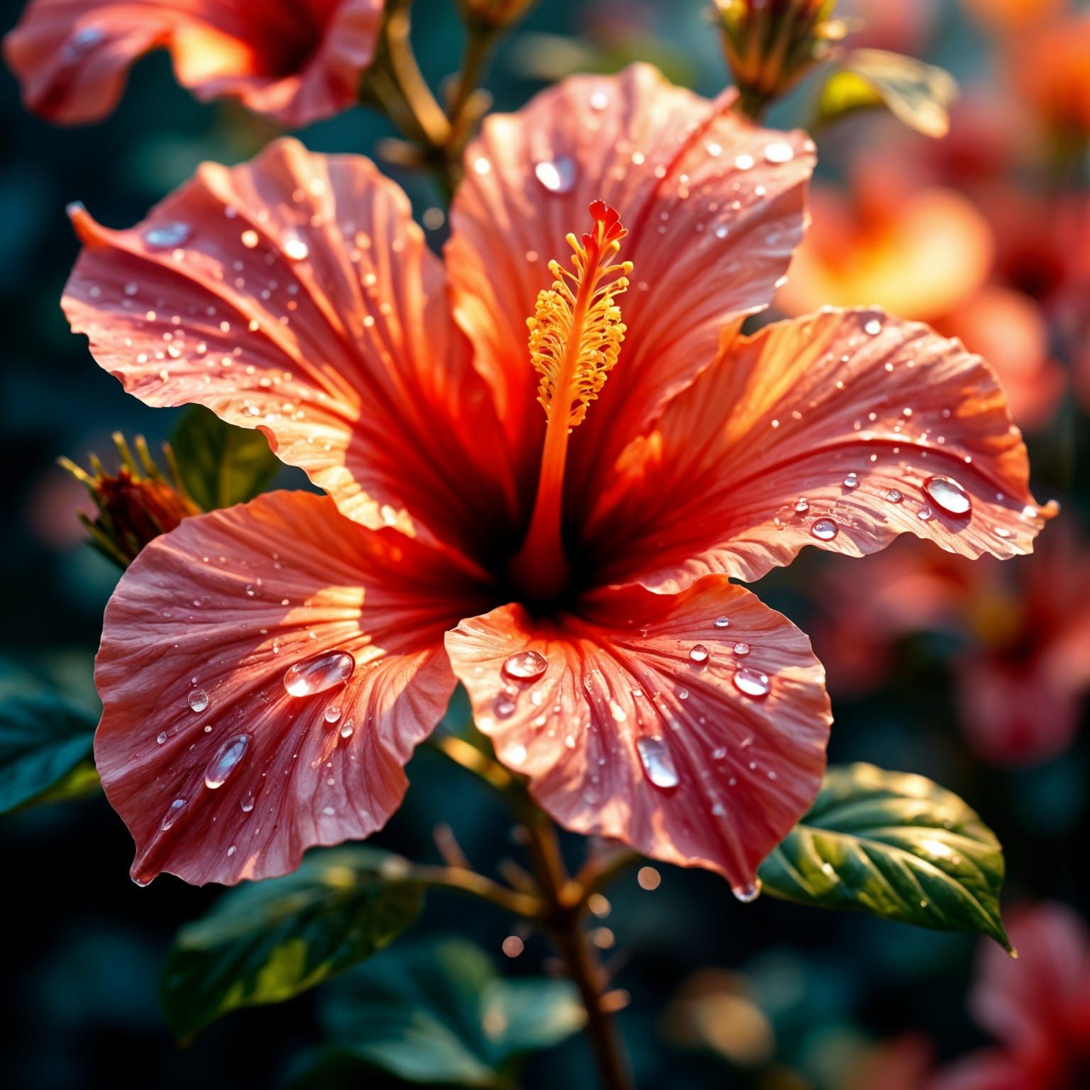 Vibrant Hibiscus Blooms with Dripping Water Droplets
