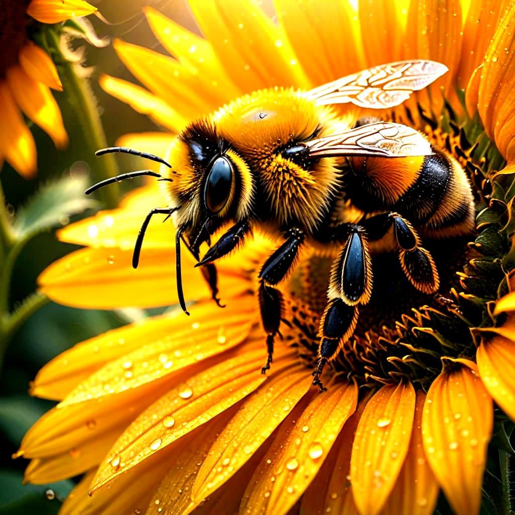 Bumble Bee in Sunflower, Hyperrealistic Nature Photo