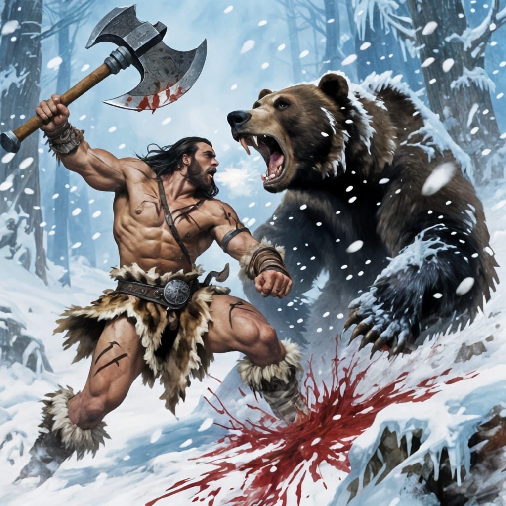 Barbarian Warrior Fights Giant Bear in Snowstorm