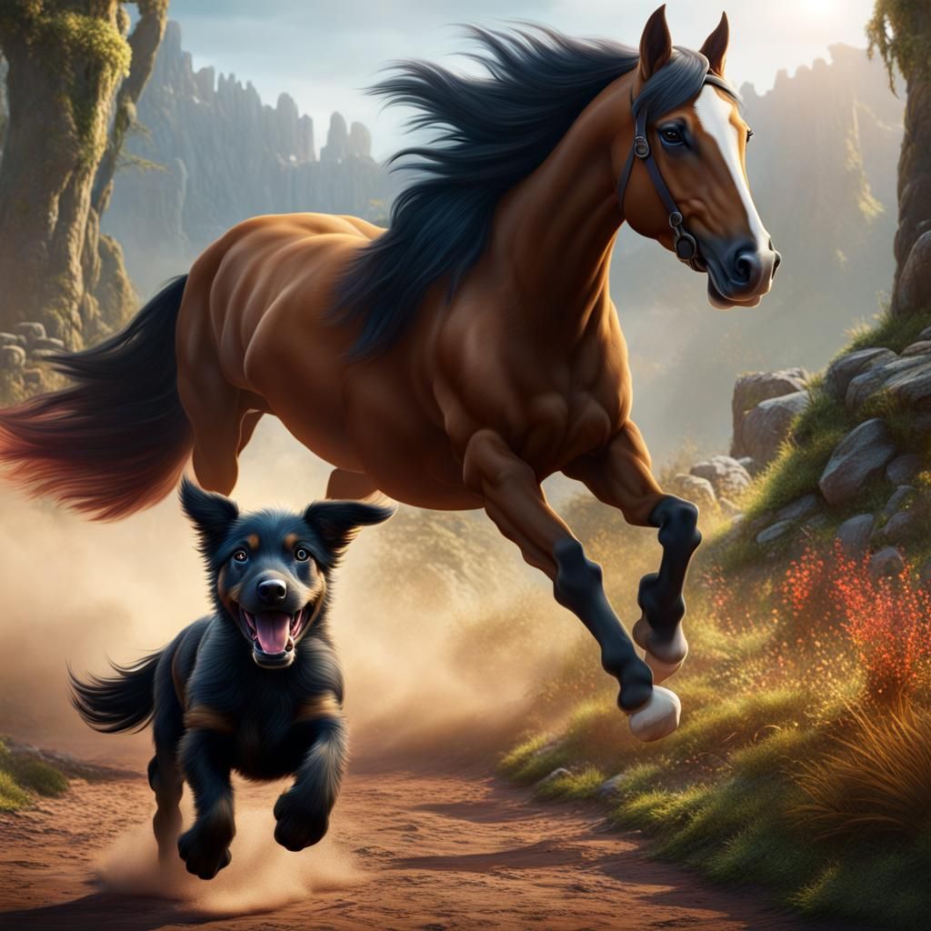 Puppy and Horse Running: Detailed Matte Painting