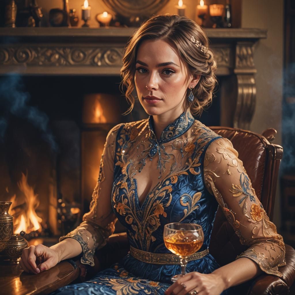 Businesswoman Sipping Whisky in Candlelight: Digital Portrai...