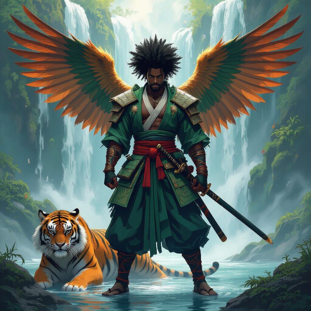 African Samurai Warrior with Wings and Tiger at Waterfall