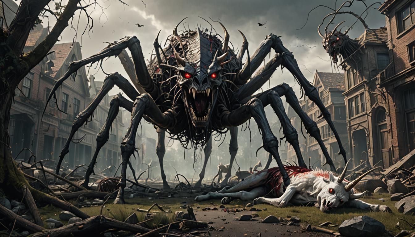 Giant Demon Spider Eats Dead Unicorn: Matte Painting