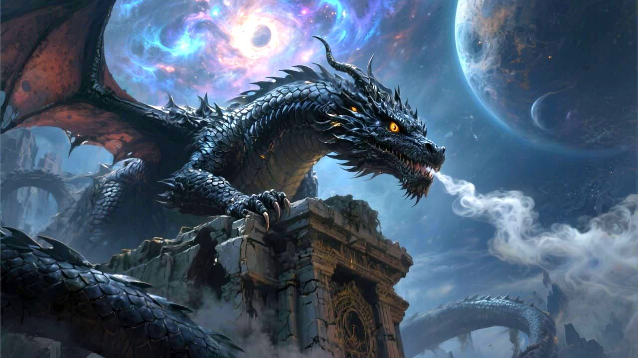 Ancient Obsidian Dragon on Cosmic Monument