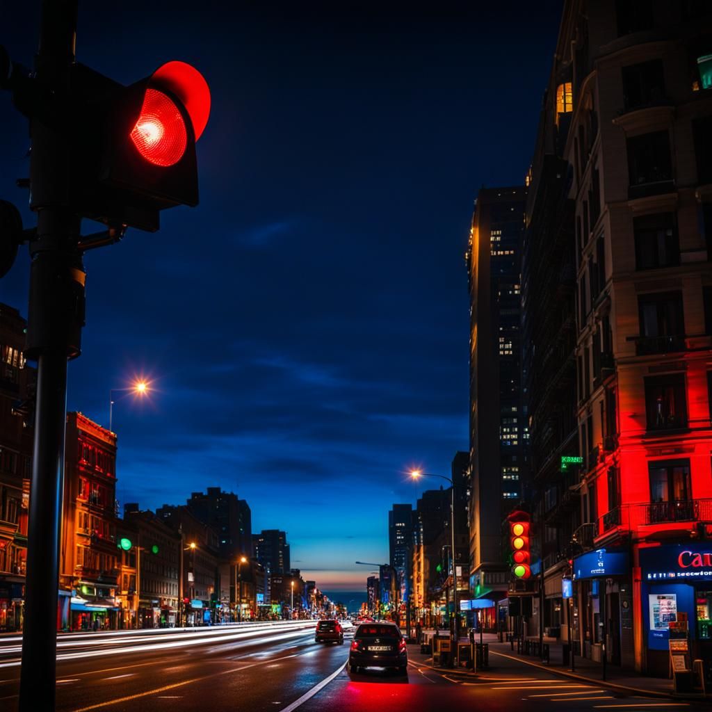 Night Street Scene with Bokeh and Blue Tones