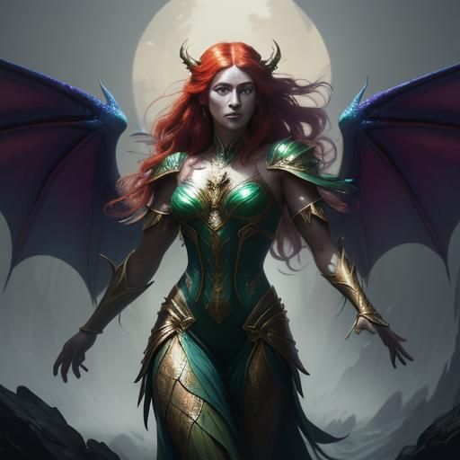 Dragon Woman with Red Hair in Fantasy Realm