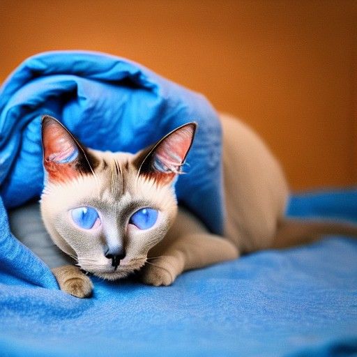 Siamese Cat Napping Under Blue Blanket
